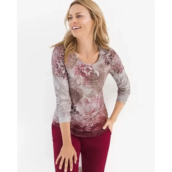 Chico's Zenergy Top Size 3 Long Sleeve Lace Print Tunic Brown Red - Picture 2 of 7